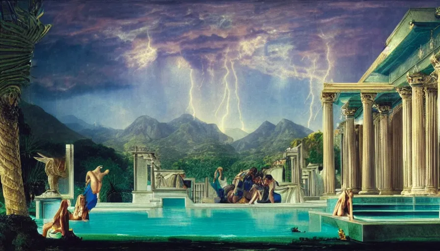 Image similar to Palace of the occult, mediterranean balustrade and columns, refracted sparkles, thunderstorm, greek pool, beach and Tropical vegetation on the background major arcana sky and occult symbols, by paul delaroche, hyperrealistic 4k uhd, award-winning, very detailed paradise