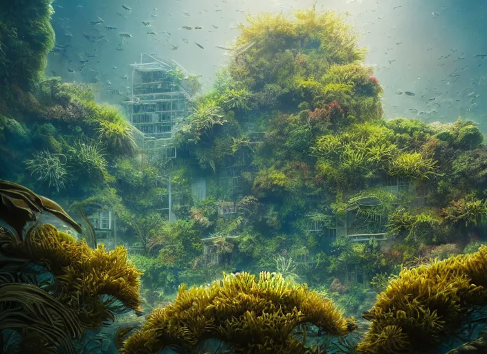 Prompt: overgrown foliage overtaking tall buildings, underwater environment, storefronts, coral, scenery, professional, award - winning, trending on artstation, hyper detailed, realistic, beautiful, emotional, shiny, golden, picture