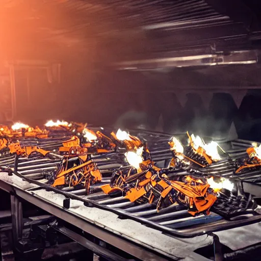 Image similar to rows of toaster oven mecha heads on conveyor belt, dark messy smoke - filled cluttered workshop, dark, dramatic lighting, orange tint, sparks, cinematic, highly detailed, sci - fi, futuristic, movie still