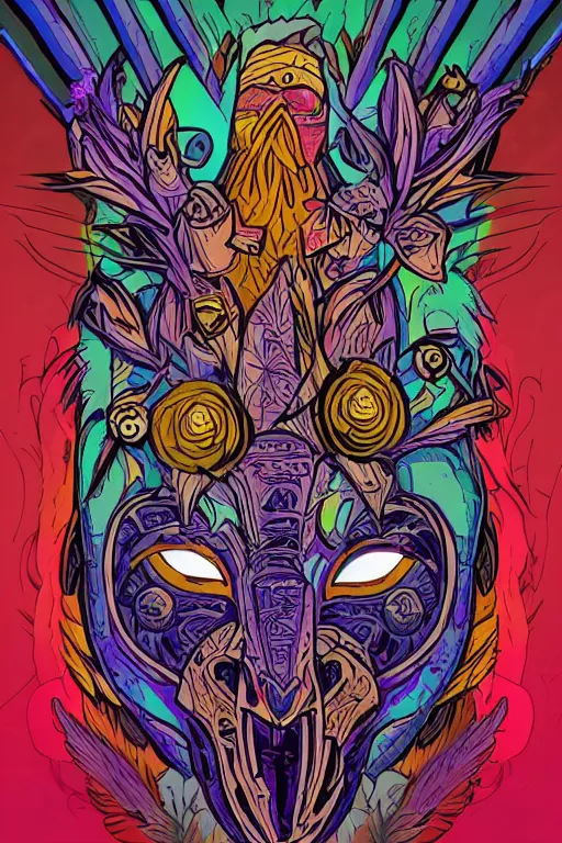 Image similar to animal mask totem roots flower tribal feather gemstone plant wood rock shaman vodoo video game vector cutout illustration vivid multicolor borderlands comics by josan gonzales and dan mumford radiating a glowing aura