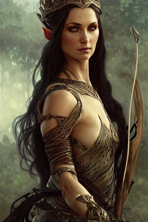 Image similar to portrait of a queen elven archer, dark, piercing eyes, gentle expression, elegant clothing, photorealistic, highly detailed, artstation, smooth, sharp focus, art by michael whelan, artgerm, greg rutkowski and alphonse mucha