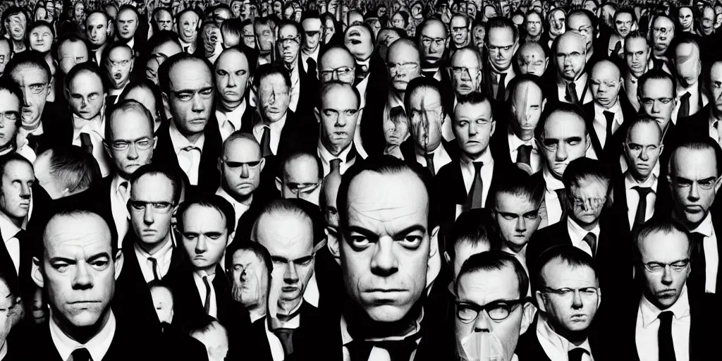 Image similar to Agent Smith, photo of a group, an album cover by David Gilmour Blythe, pinterest, bauhaus, tesseract, composition, national geographic photo, flemish baroque