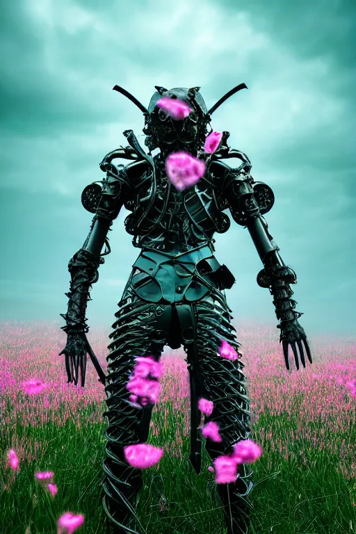 Image similar to hyperrealistic neo - gothic human monster hybrid, exoskeleton armor, fighting with katana, field of pink flowers, highly detailed digital art masterpiece, vitaly bulgarov dramatic dark teal light, ground angle hd 8 k, sharp focus