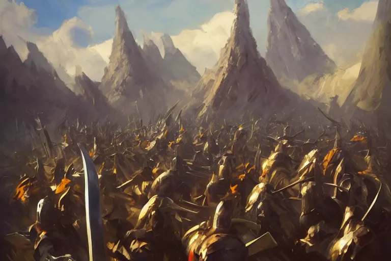 Image similar to greg manchess painting of a mountain of swords in the middle of an arena, profile picture, organic painting, sunny day, matte painting, bold shapes, hard edges, street art, trending on artstation, by huang guangjian, gil elvgren, ruan jia, randy vargas, greg rutkowski