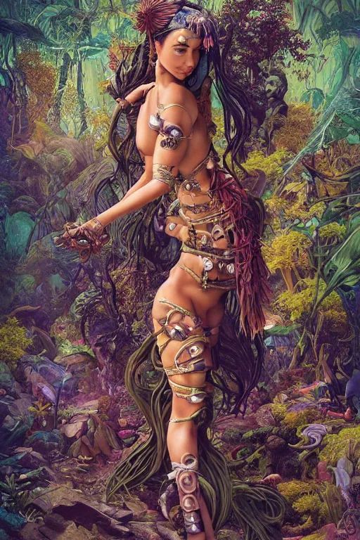 Prompt: cyberpunk aztec goddess in a zen rock garden, by Peter Kemp, by Artgerm, autumn, glamorous hairstyle, vermont fall colors, wearing translucent earthtone fashion, art nouveau by Brian Froud, berries, cosmic, gnostic, sacred geometry, glowing cybernetics, by Alphonse Mucha, highly detailed concept painting with cinematic lighting, trending on art station