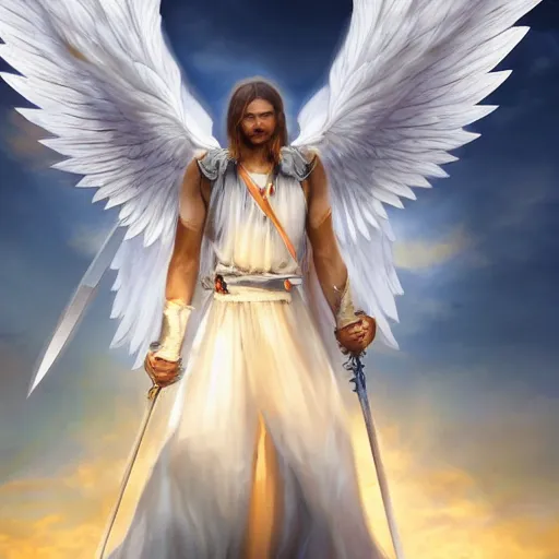 Image similar to angel with big bright white wings, coming down from the sky, holding sword in his arms, hyper realistic, 4 k