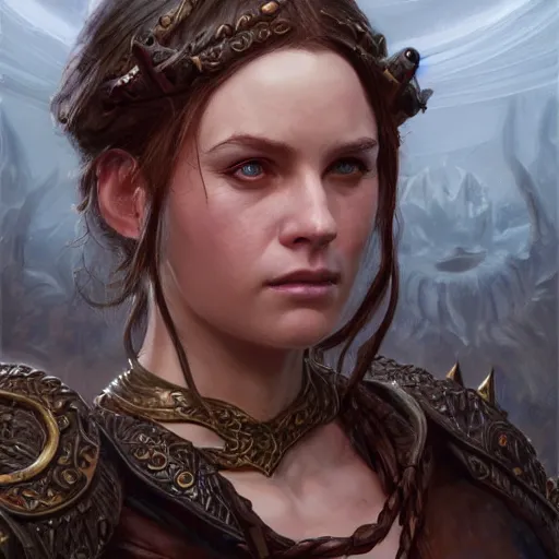 Image similar to lauren as a realistic d & d fantasy character, closeup portrait art by donato giancola and greg rutkowski, vintage retro, realistic face, digital art, trending on artstation, symmetry!!