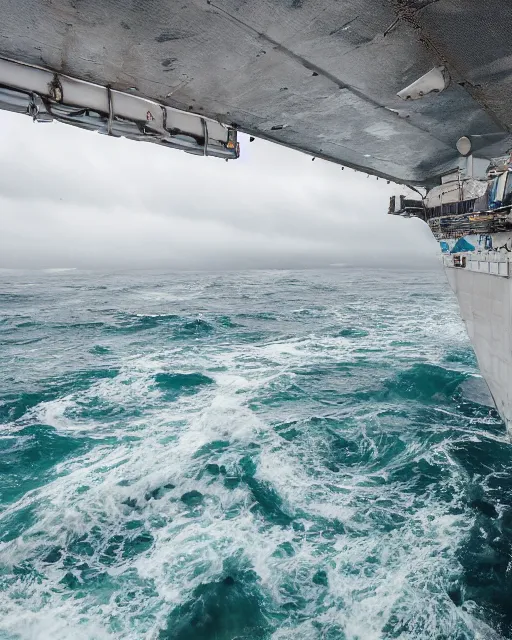 Prompt: view from an aircraft carrier of stormy seas, stormy weather, ultrawide shot, 16mm lens