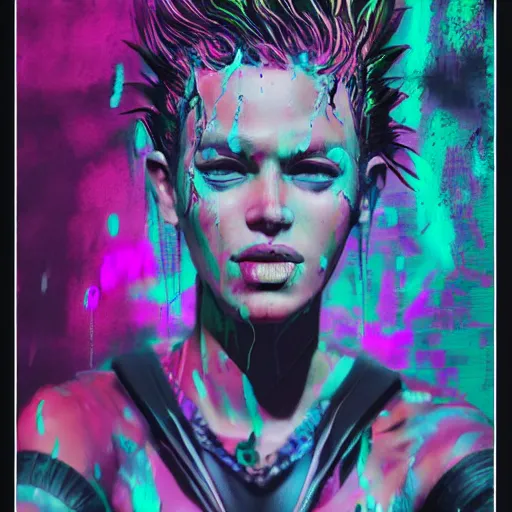 Image similar to splashes of neon clouds, mowhawk, punk women portrait made out of paint with rain in the background, trending on artstation, epic composition, emotional, beautiful, rendered in octane, highly detailed, realistic, comic book art, sharp focus, matte painting, unreal engine