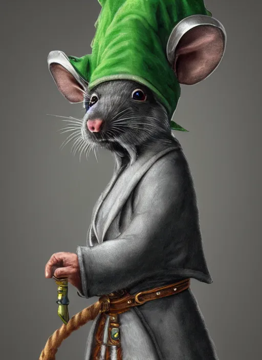 Image similar to gray rat standing on two legs, gray beard, wearing jewelry, green eyes, tricorne hat, green robe, D&D, digital art, realistic, trending on artstation, 4k, sea in the background
