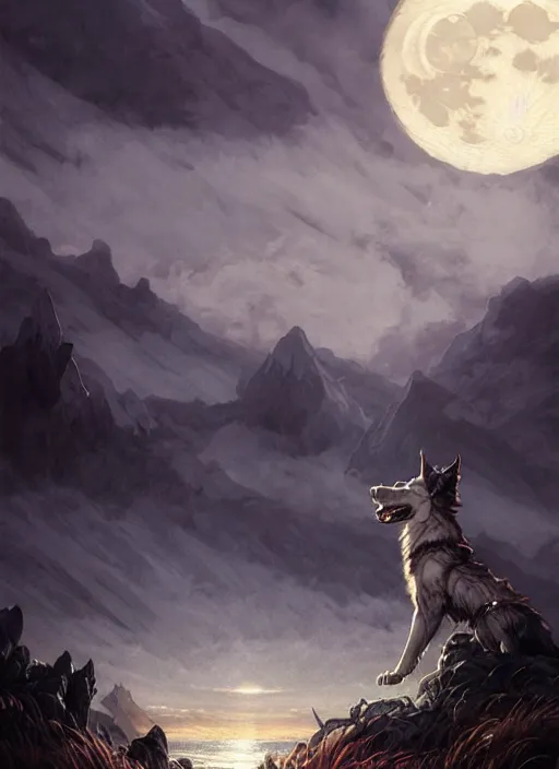 Image similar to Fenrir howling ,moon background, Nordic landscape, fantasy magic, dark light night, sharp focus, digital painting, concept art, d&d, art by WLOP and Artgerm and Greg Rutkowski and Alphonse Mucha