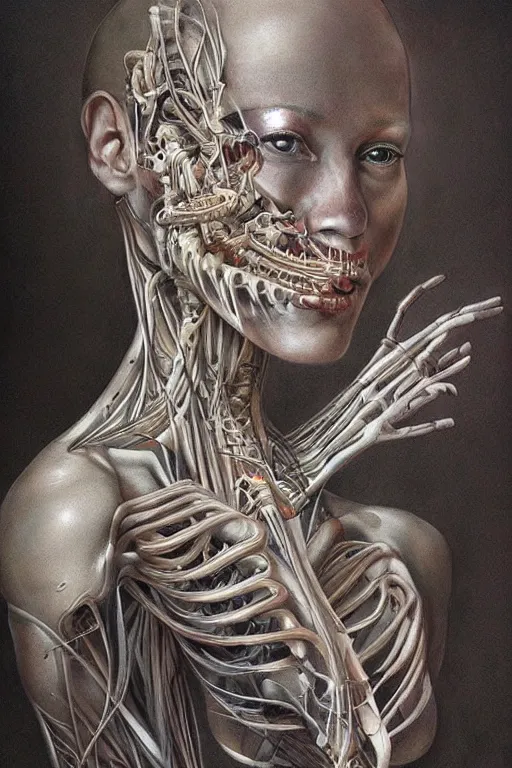 Prompt: beautiful portrait of biomechanical being by marco mazzoni, detailed, realistic skin color