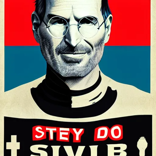 Prompt: Steve Jobs depicted in an old style propaganda poster