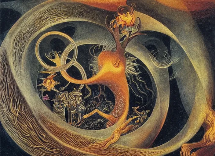 Prompt: the ouroboros of infinite flower universes, by remedios varo, dichromatism, paradox, volumetric light, insanely detailed and intricate, hypermaximalist, warm colors, dramatic lighting, smooth, sharp focus, extremely detailed, aesthetically pleasing composition