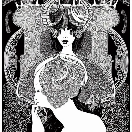 Prompt: filigree detailed illustration portrait of a profile of gypsy half - girl half - goat with long curly hair and big goat horns on her head, aubrey beardsley, tomer hanuka, makoto shinkai