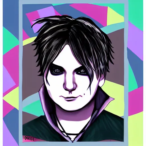 Image similar to a digital drawing of Gerard Way in a style of cartoon style of emo/scene drawing, trending on Pixiv, pastel colors