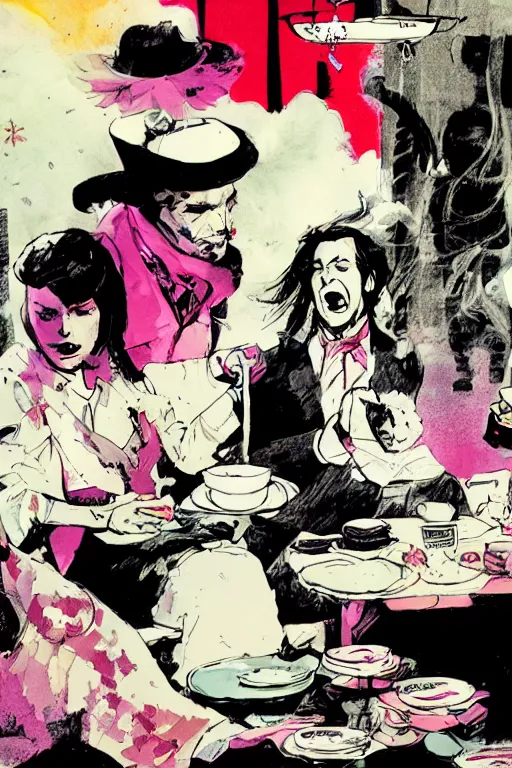 Image similar to a tea party in the clouds, graphic novel, high contrast, by bill sienkiewicz