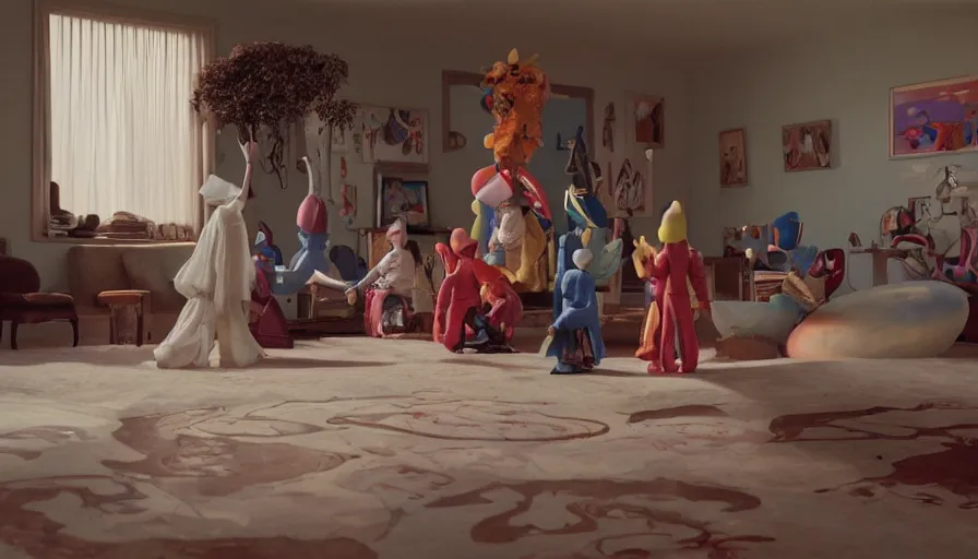 Prompt: movie still by alejandro jodorowsky of a beautiful day in a family living room in suburban usa, visible magic energy, dream creature costumes, floating planets, fish, parade floats, cinestill 8 0 0 t eastmancolor technicolor, high quality, very detailed, heavy grain, fine facial features, 8 k, octane render