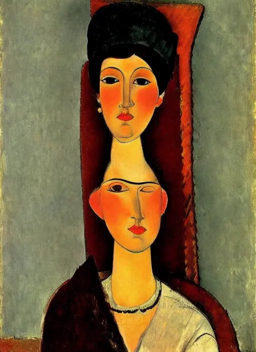 Image similar to portrait of young woman in renaissance dress and renaissance headdress, art by amedeo modigliani