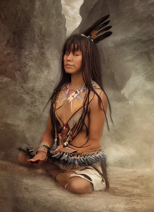 Prompt: surrender, letting go, indigenous woman relaxing, matte painting, fantasy art