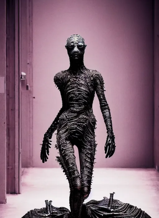 Image similar to walking down the catwalk, steven klein, show, stage, vogue photo, podium, fashion show photo, historical baroque dress, iris van herpen, beautiful woman, full body shot, masterpiece, intricate, wires, veins, jellyfishs, biopunk, guyver, highly detailed