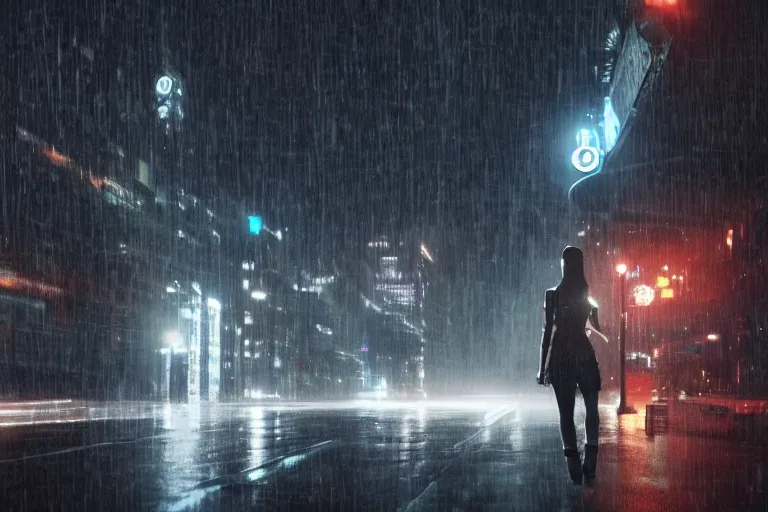 Image similar to vfx marvel sci-fi woman black super hero robot photo real, city street night lighting, rain and fog by Emmanuel Lubezki