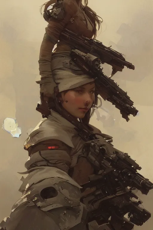 Prompt: A full portrait of a beautiful post apocalyptic heavy weapons expert, intricate, elegant, highly detailed, digital painting, artstation, concept art, smooth, sharp focus, illustration, art by Krenz Cushart and Artem Demura and alphonse mucha