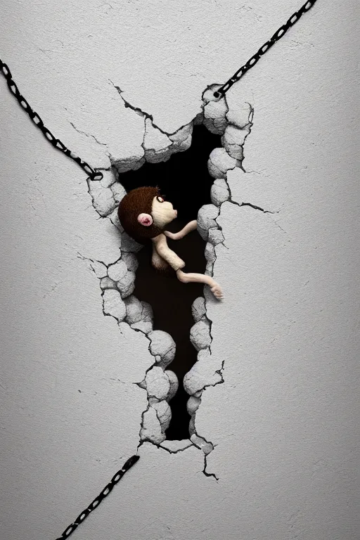 Prompt: giant crack hole on the white concrete wall, handcoming from inside the crack reaching towards camera. hand is holding a teddybear gloomy, intricate, elegant, highly detailed, digital painting, artstation, concept art, addiction, chains, smooth, sharp focus, illustration, art by ilja repin