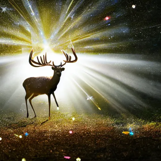 Prompt: A still of a deer exploding in slow motion, sparkles and sun rays, hyperrealistic, photo realistic, realistic, beautiful white lighting, in the middle of the day, hyperdetailed, very detailed