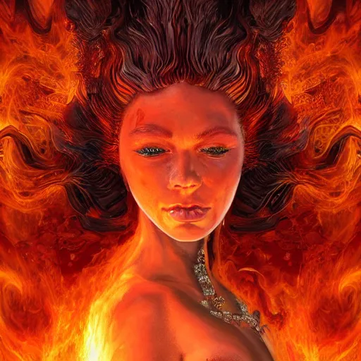 Prompt: A stunning portrait of a goddess, her body engulfed in flames, by Jim Burns, 8K UHD, intricate, fantasy, Trending on artstation.