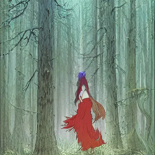 Image similar to illustration of a magical tribal sorceress with a huge majestic stag in a forest by hayao miyazaki and jean giraud moebius, highly detailed digital painting, concept art