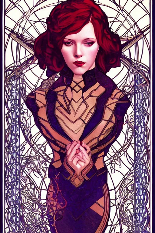 Prompt: a dramatic ethereal epic symmetrical painting of Black Widow | tarot card, art deco, art nouveau, realistic | by Dresden Codak, by Mark Maggiori and ((((Alphonse Mucha))) | trending on artstation