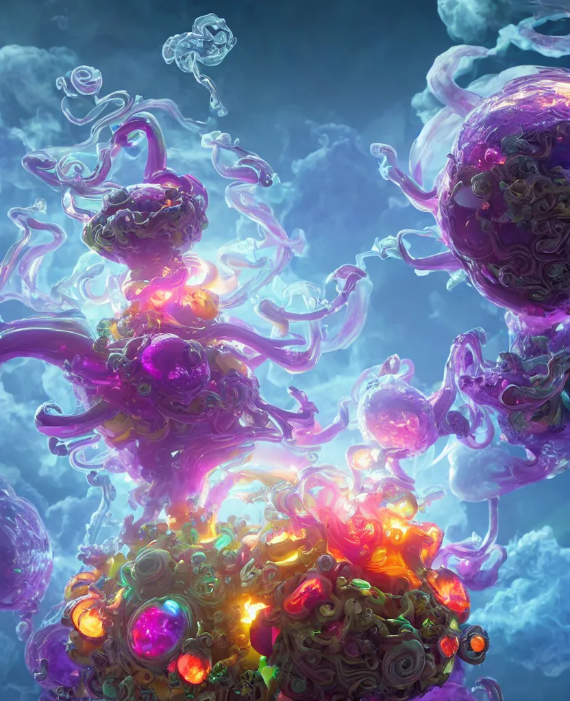 Prompt: 3 d close - up swirly cubic automata! with translucent calamity sphere and giant lotus spider and giant gladiola surrounded by rainbow smoke and oil fire energy flow, highly detailed. octane render, excellent composition, by wlop, tooth wu, greg rutkowski, beeple. ice and thunder