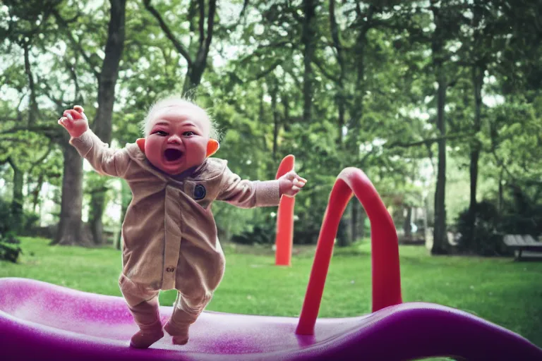 Prompt: baby-yoda!!!!!!, happy, in a playground, on a slide, arms in the air, shallow depth of field,