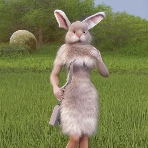 Image similar to beautiful fit furry female anthropomorphic rabbit wearing dress, full body, ultra realistic, vray, 5 5 mm