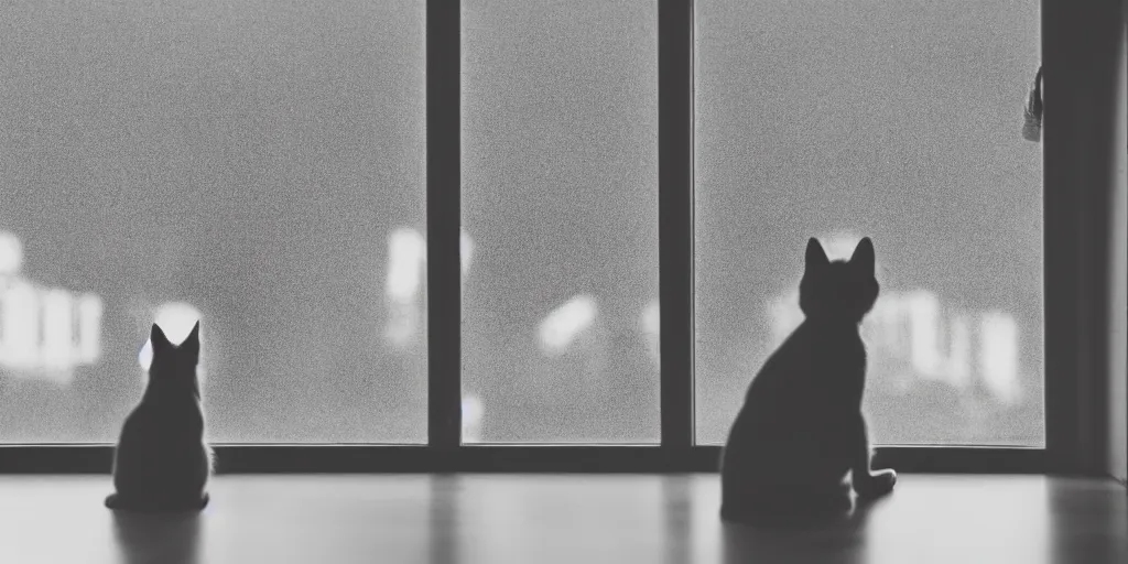 Image similar to silhouette of a girl and her cat, looking out a window on a rainy day, inside a cozy apartment, with a city view. atmospheric, moody, cozy, rainy day, backlit,