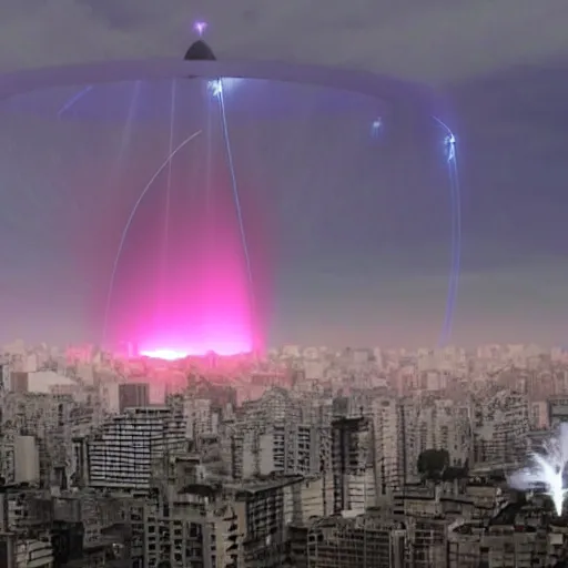 Prompt: ufo throwing laser beams over buenos aires, destroying buildings, people scared and escaping, the sky is red