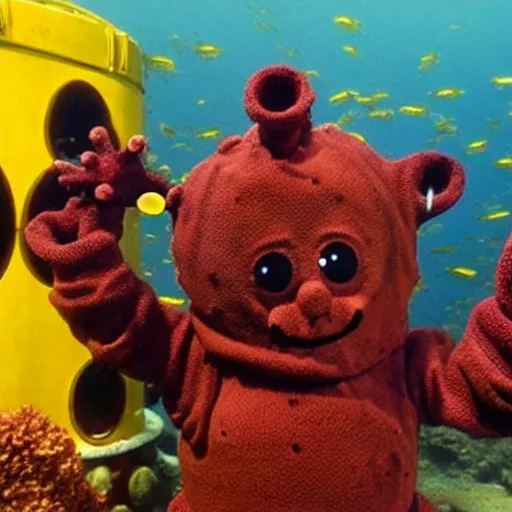 Image similar to rusted barnacle covered teletubby at the bottom of the ocean