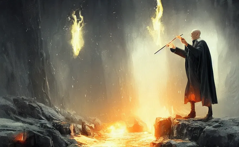 Prompt: a beautiful painting of voldemort casting spells at dumbledore, by greg rutkowski featured on artstation, dark spell, magic vfx, particles, depth of field, bokeh, black smoke, sparks, fire, water spell, snow, scorched earth