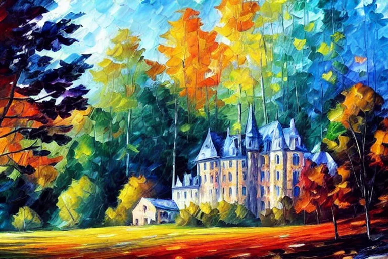 Image similar to a majestic castle rises above the dark woods in the sunlit valley, landscape by Leonid Afremov