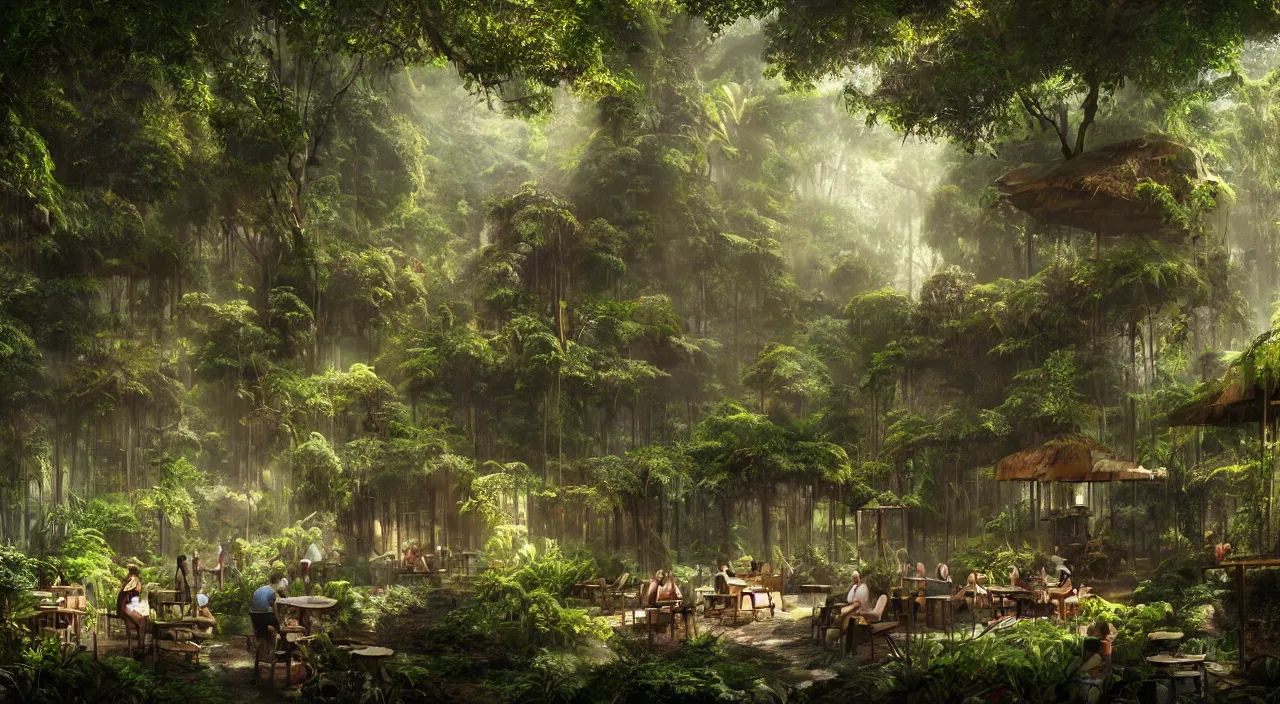 Prompt: Café in the Rainforest, matte painting, trending on artstation