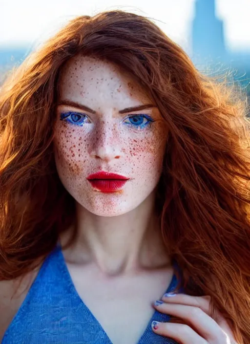 Prompt: close up photo of the left side of the face of a woman with blue eyes and wavy long red-brown hair, red detailed lips and freckles who looks directly at the camera. Slightly open mouth. Whole head visible and covers half of the frame, with a park visible in the background. 135mm nikon. Intricate. Very detailed 8k. Sharp. Cinematic post-processing. Unreal engine. Nanite. Ray tracing. Parallax. Tessellation