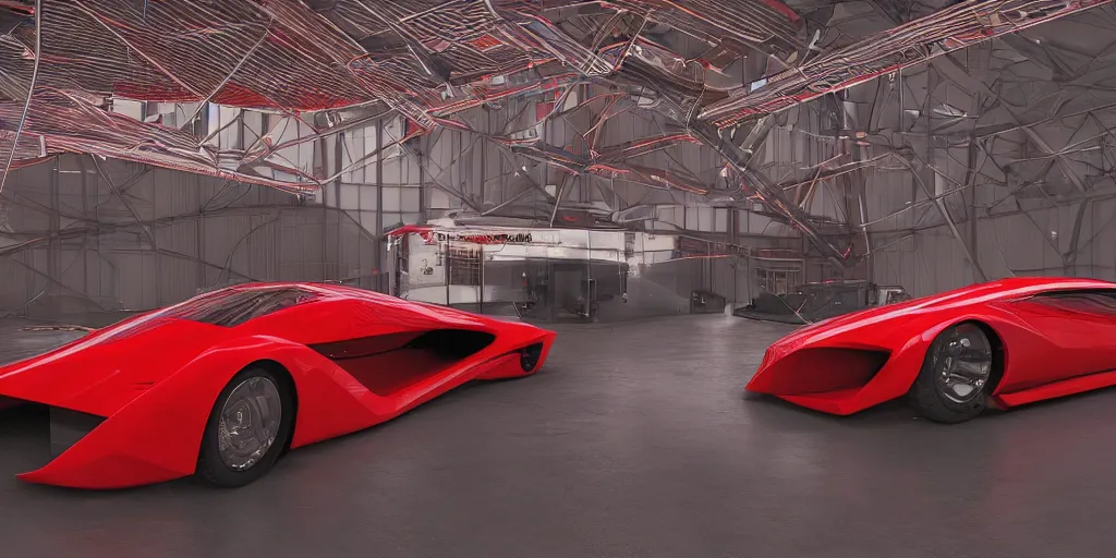 Image similar to kama - 1 concept car, inside futuristic hangar, red car, sharp focus, ultra realistic, ultra high pixel detail, cinematic, intricate, cinematic light, concept art, illustration, art station, unreal engine 8 k