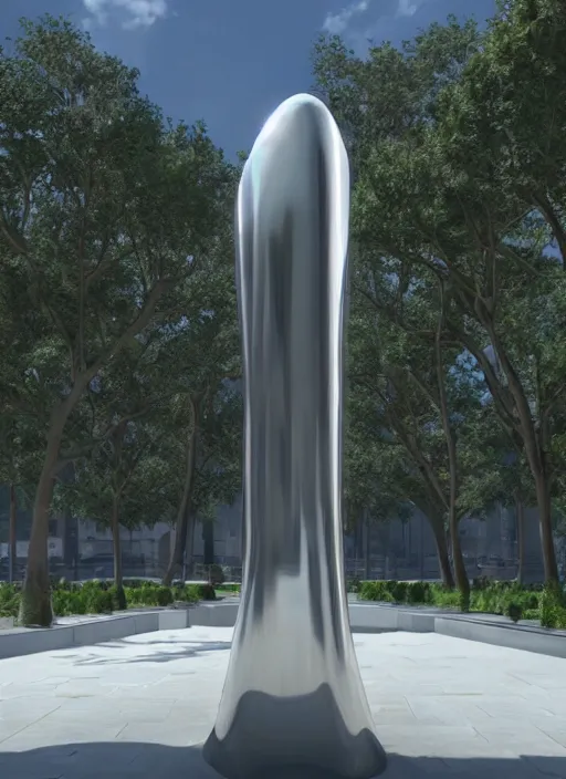 Image similar to highly detailed architecture render of a huge high futuristic metallic stele sculpture in zaha hadid style standing in city park, archdaily, made in unreal engine 4