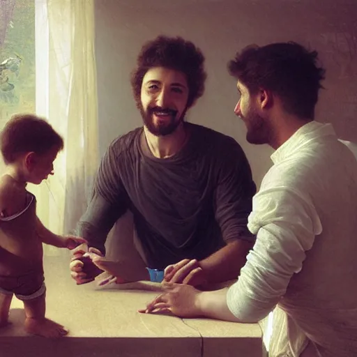 Prompt: a male patient at home with his wife and son standing by. happy, cheerful, smiling, intricate, face enhance, sharp focus, cinematic lighting, featured in artistation, 8 k, art by greg rutkowski, william adolphe bouguereau