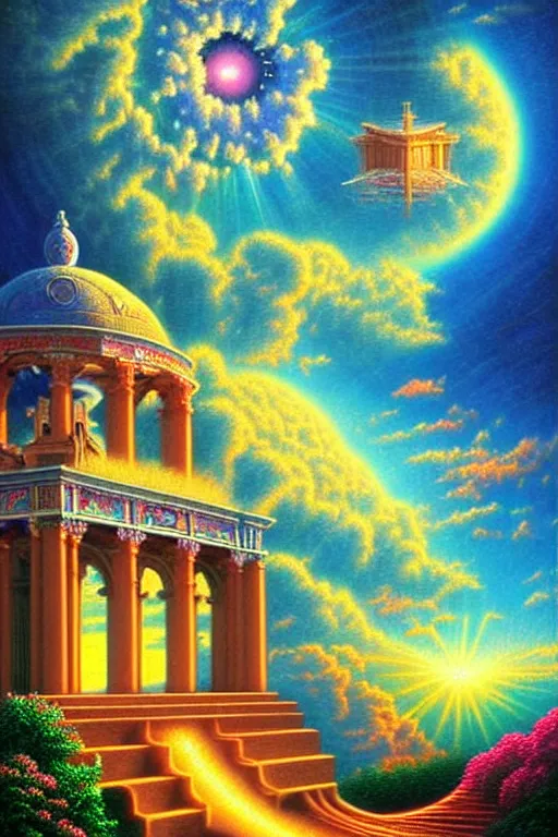 Prompt: a photorealistic detailed cinematic image of a beautiful vibrant iridescent future for human evolution, spiritual science, divinity, utopian, beautiful being, enlightenment, mother of god, cumulus clouds, ornate spiral stairs, isometric, by pinterest, david a. hardy, kinkade, lisa frank, wpa, public works mural, socialist