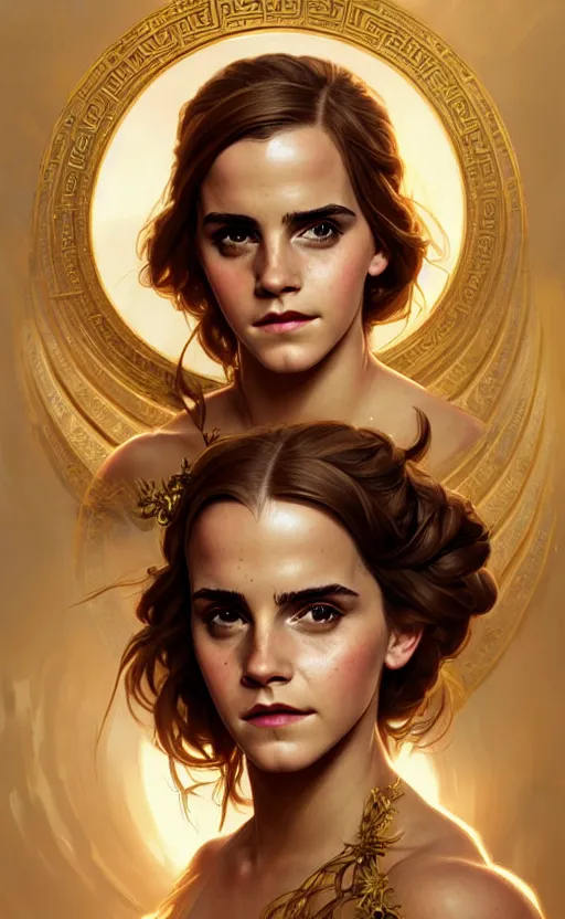 Image similar to portrait of emma watson as the goddess circe, greek mythology, intricate, headshot, highly detailed, digital painting, artstation, concept art, sharp focus, cinematic lighting, illustration, art by artgerm and greg rutkowski, alphonse mucha, cgsociety