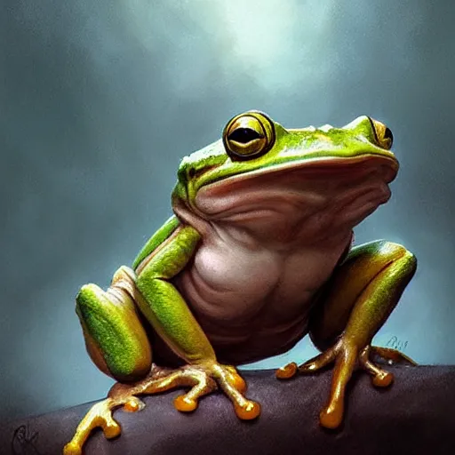 Image similar to hyper realistic caricature of a derpy frog person by greg rutkowski