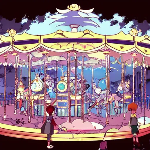 Image similar to a fantasy carousel in the style of studio ghibli, makoto shinkai