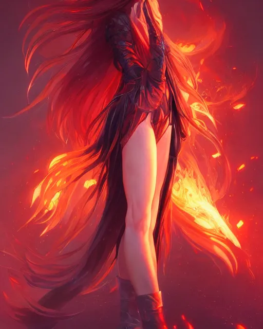 Prompt: red eyed beautiful long haired anime girl, full body photo, flames everywhere, highly detailed, digital painting, artstation, concept art, smooth, sharp focus, illustration, art by artgerm and greg rutkowski and alphonse mucha